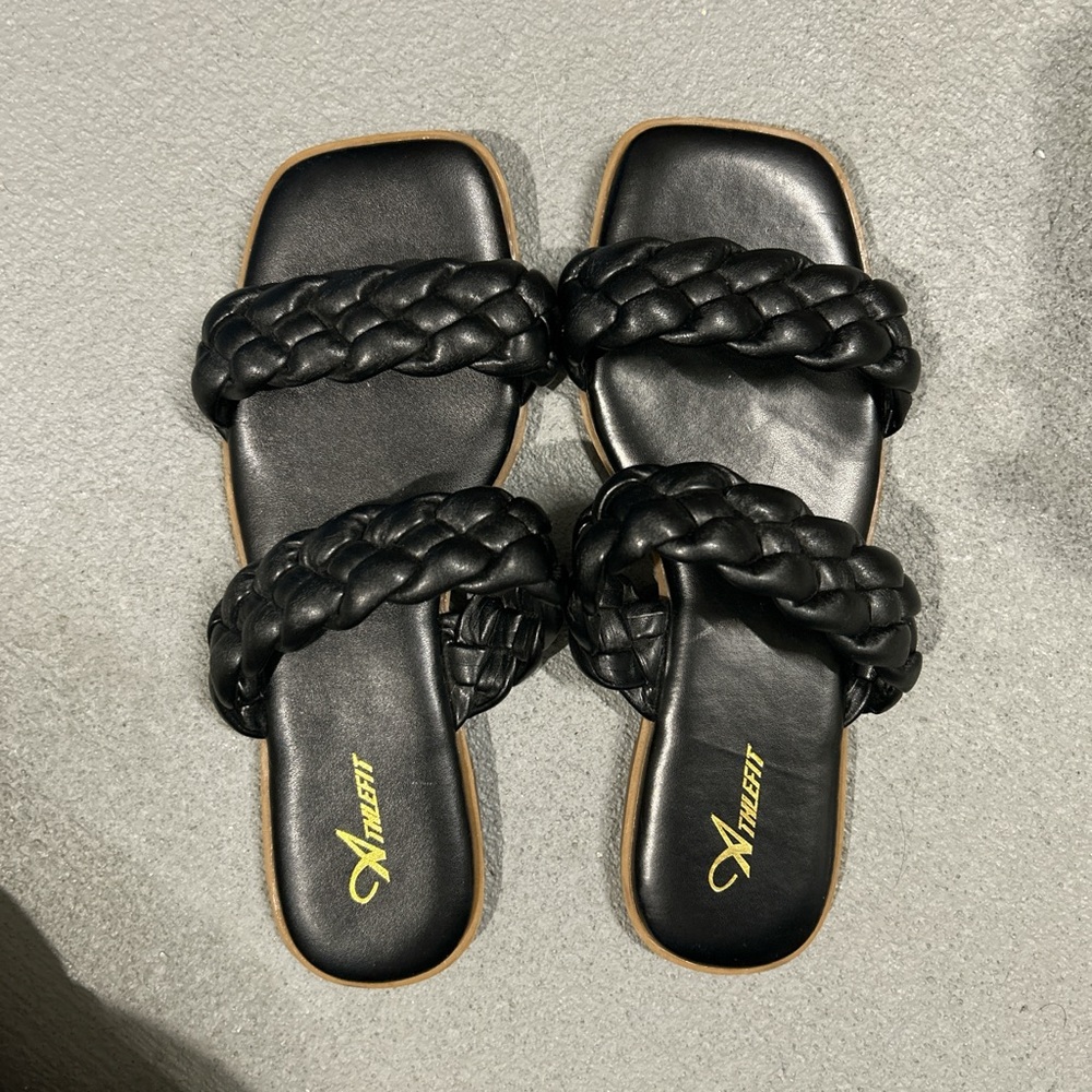 Braided Double-Strap Black Slide Sandals by XINSET